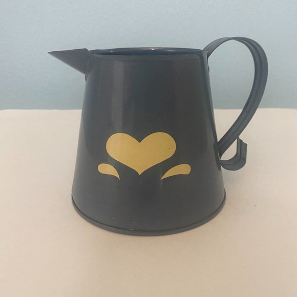 Metal Pitcher Planter Vase Blue With Beige Heart And Plastic Insert 4.5 Inches - Picture 2 of 12